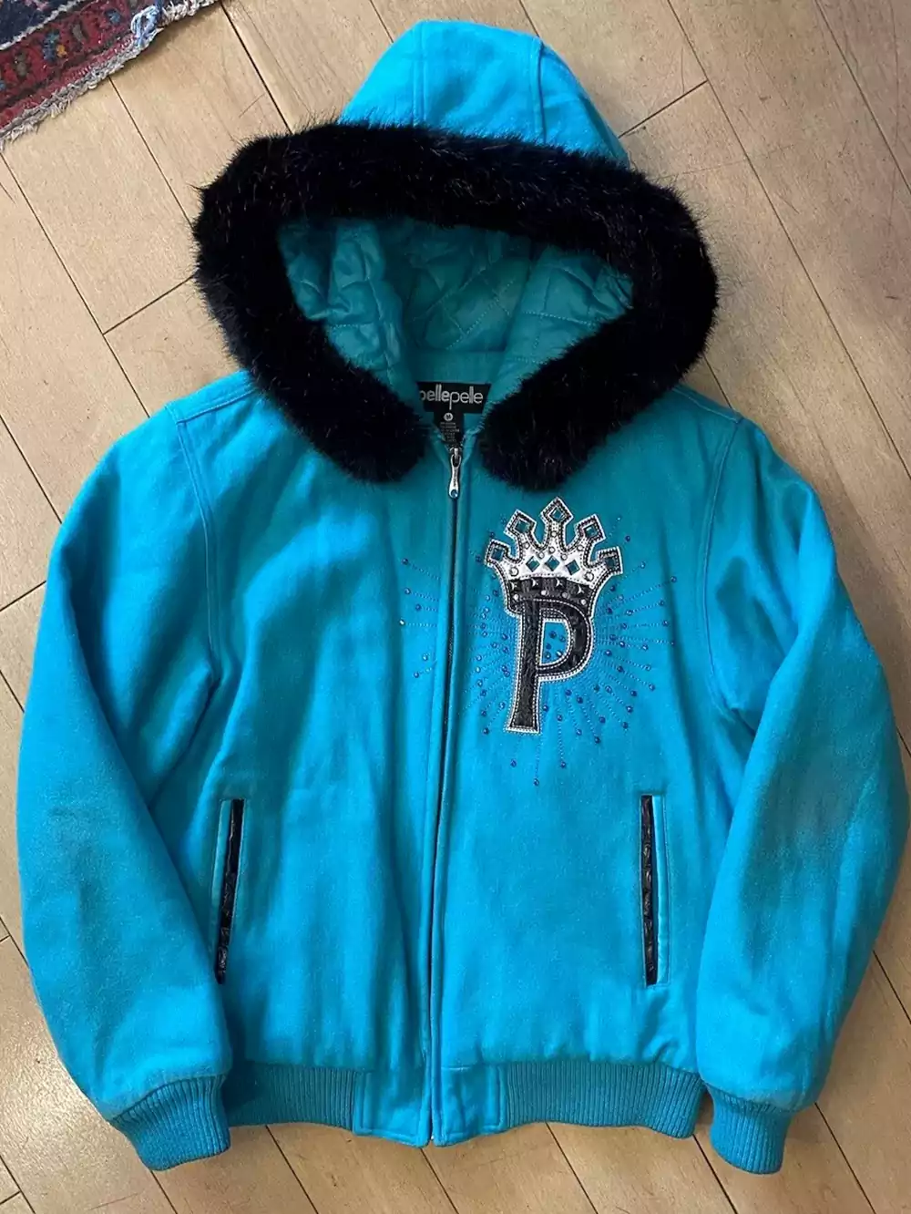 MB Pelle Pelle Blue Princess Fur Hood Women Wool Jacket - Image 3