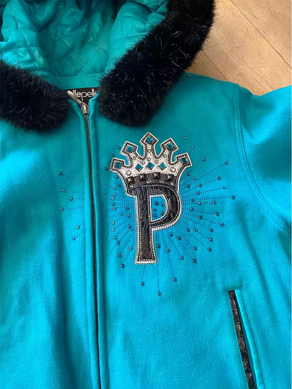 MB Pelle Pelle Blue Princess Fur Hood Women Wool Jacket - Image 2